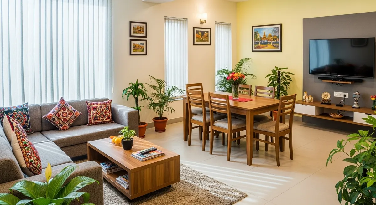 Common area and dining hall at Blrstay PG in Yelahanka — spacious lounge and vegetarian meal serving area for residents