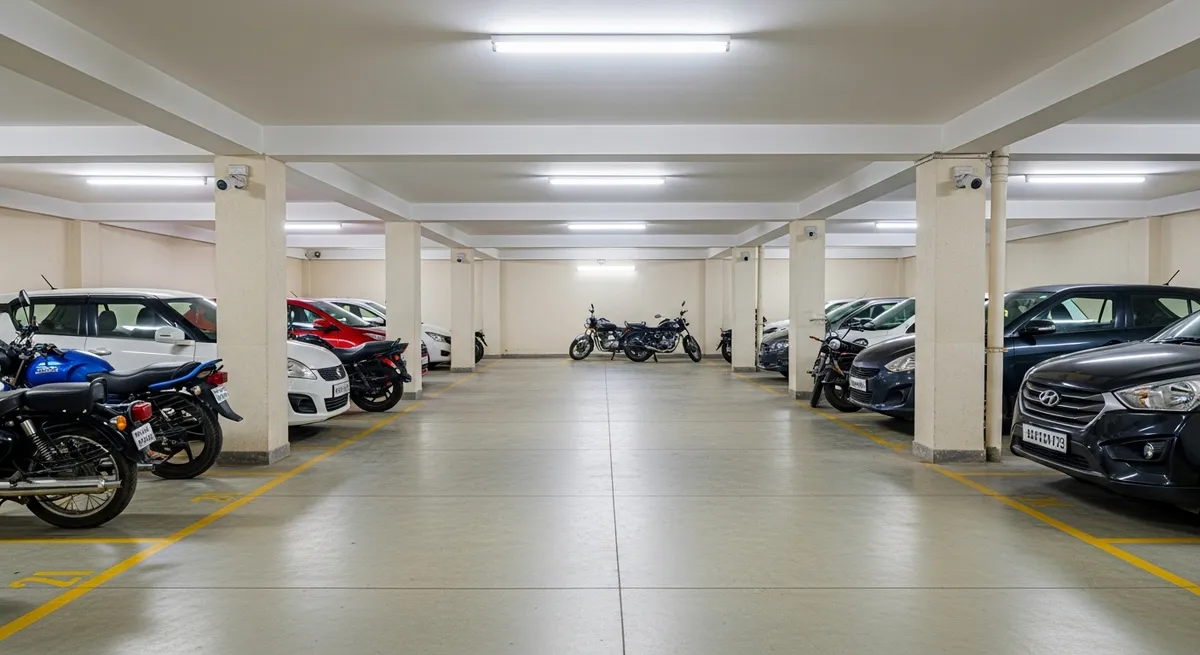 Covered parking facility at Blrstay PG near Manyata Tech Park, Yelahanka — secure parking for bikes and cars included in rent