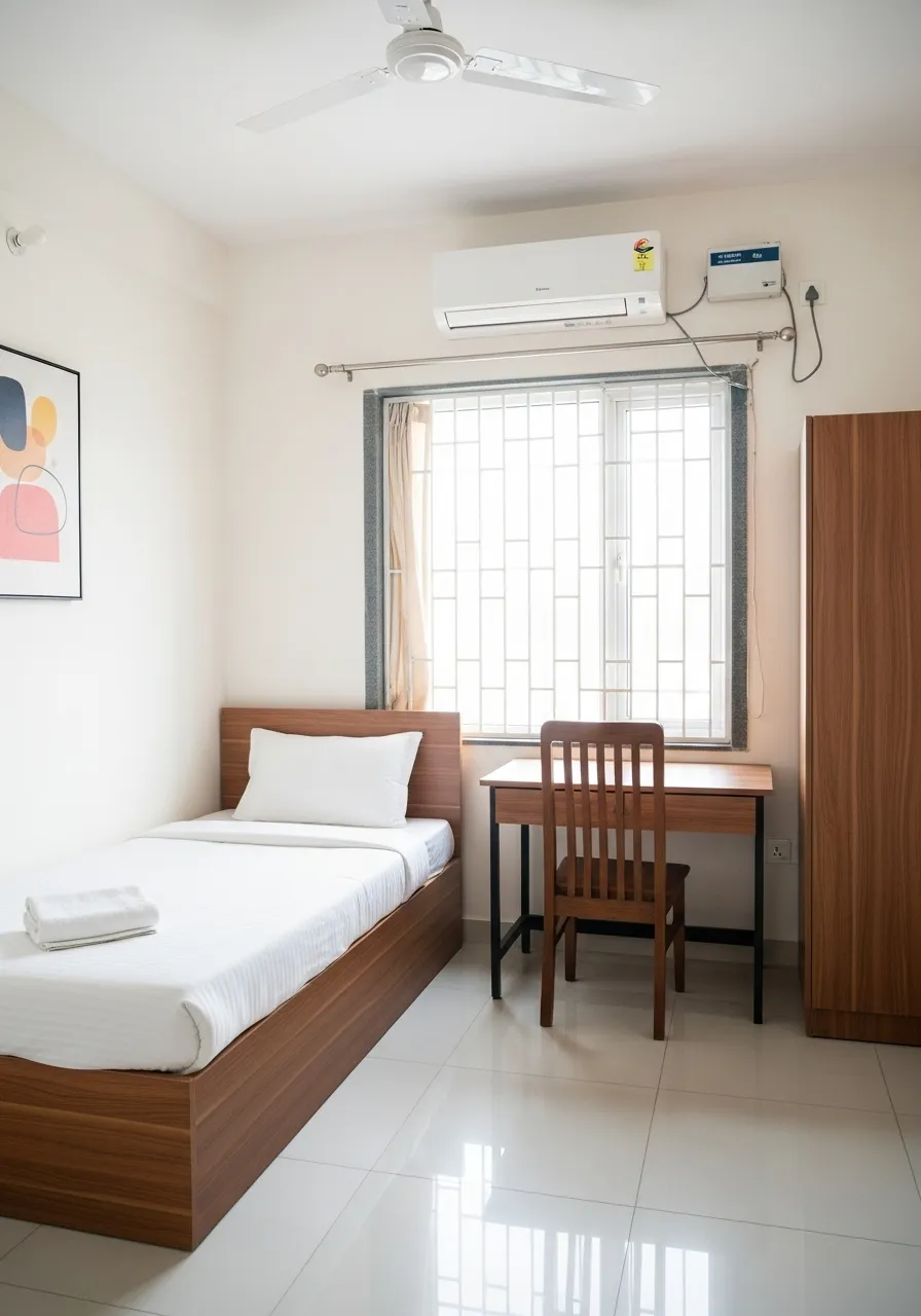 Single occupancy AC room interior at Blrstay PG in Yelahanka — fully furnished with study table, wardrobe, and attached bathroom, ₹8,000/month